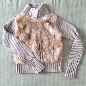 NWT Club Monaco 100% Wool Long Sleeve Faux Fur Knit Cardigan